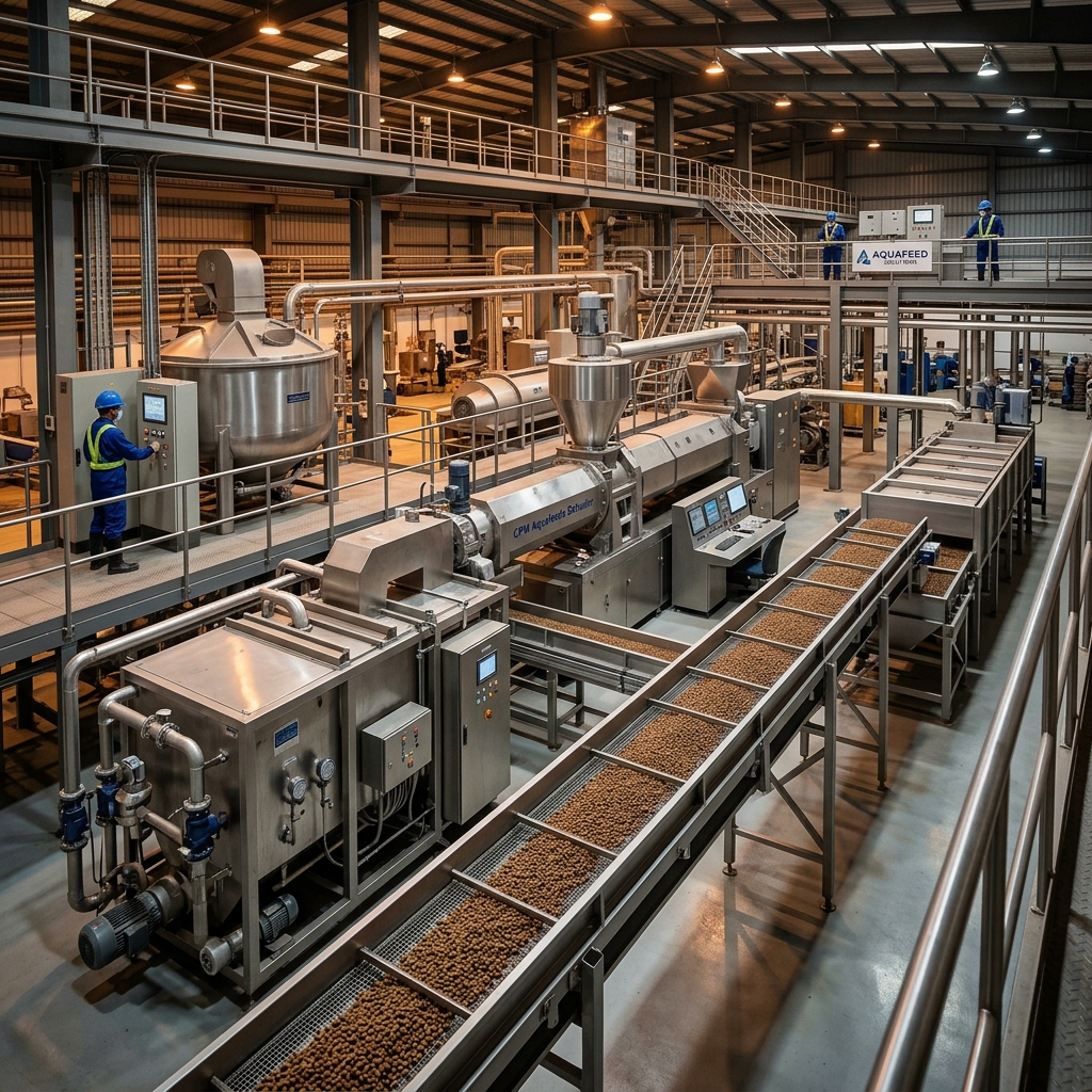 Industrial aquaculture feed processing plant