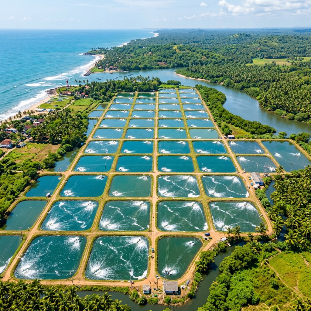 Aerated shrimp ponds on coastal aquaculture farm
